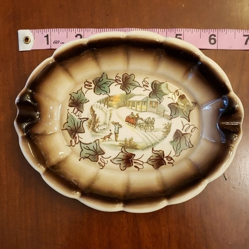 Vintage Currier & Ives Small Oval Ashtray Brown Winter Scene Very Pretty VGC